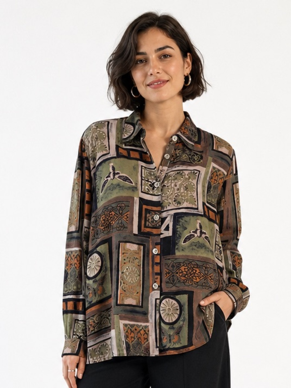 Vintage 80s Chagall Cubist Moth Floral Geometric Button-Down Shirt Large?